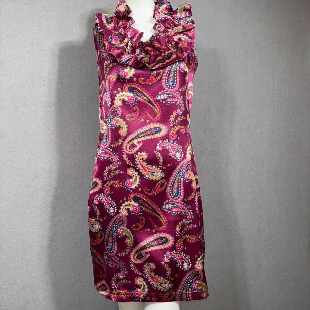 Tracy Negoshian Shiny Maximalist Paisley Dress Small Ruffle Boho Witchy Fairy